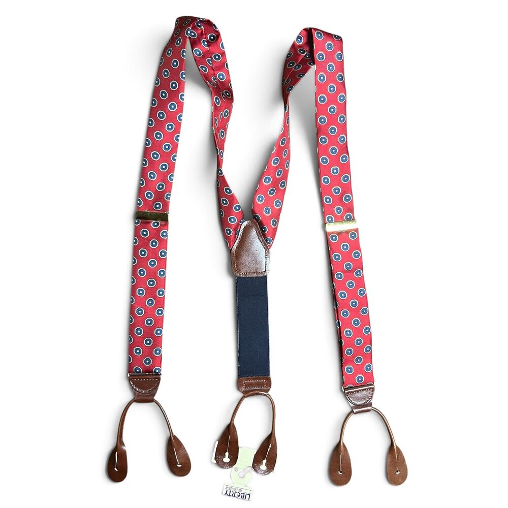 Vintage 90s Liberty of London Silk Leather Trim Button End Braces Suspenders